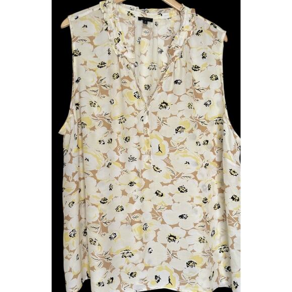 Talbots Top Womens Plus Size 3X Sleeveless Floral Yellow Ruffled Button Placket - Picture 1 of 14